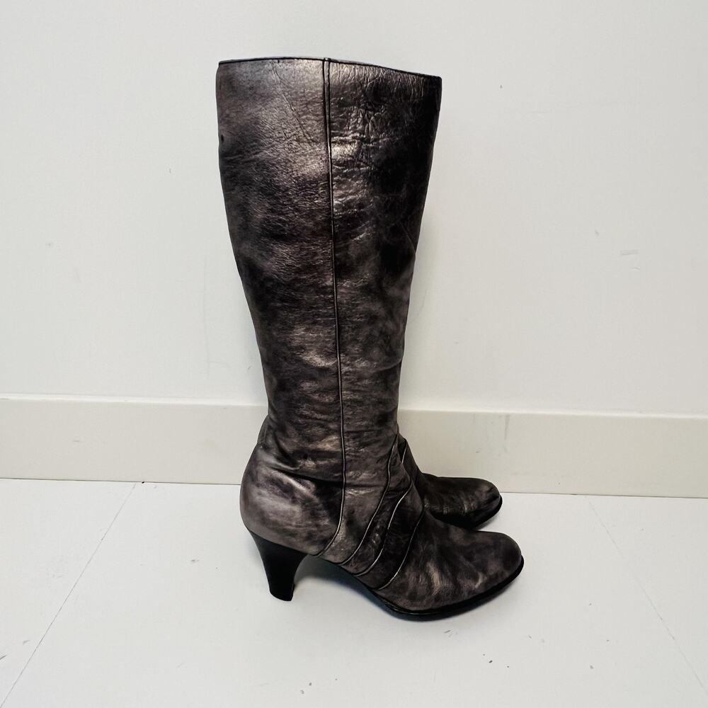 Born Boots Womens 8.5 Silver Leather Riding Tall Knee High Cone Heel Zip Shoes